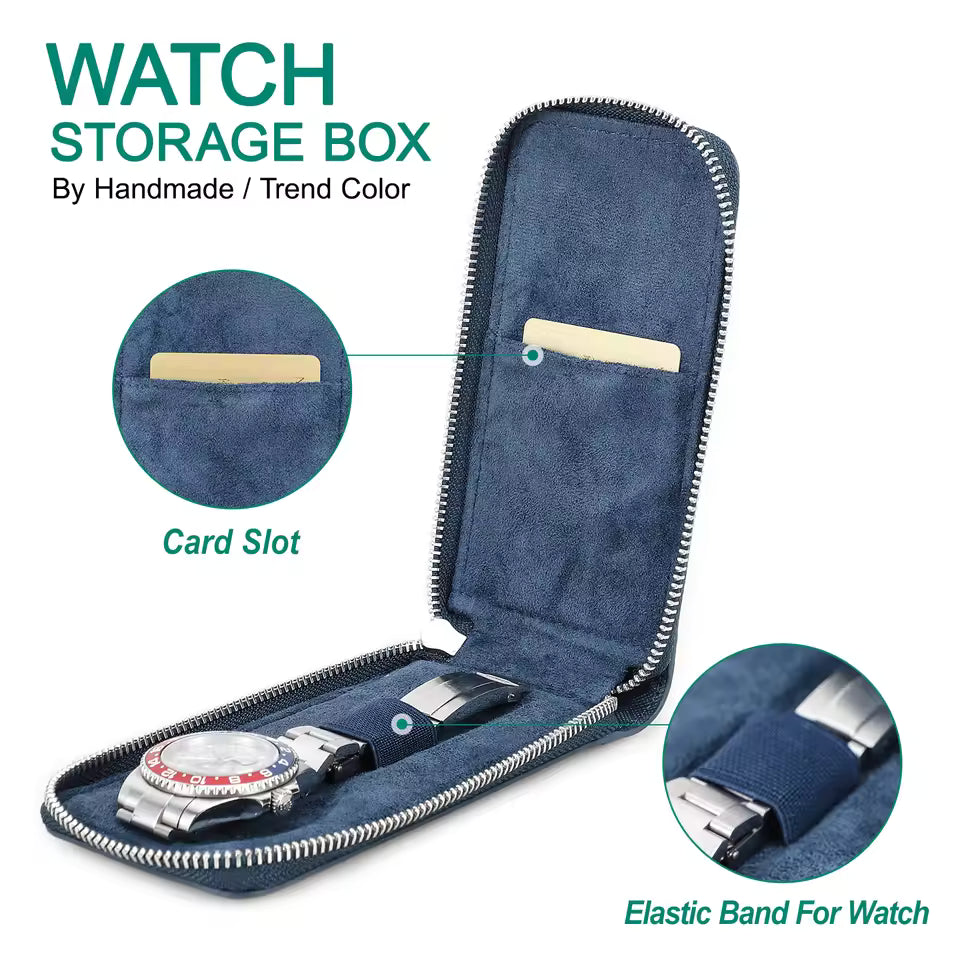 Genuine Saffiano Leather Single Slot Watch Case - Watch Storage Gift for Men & Women