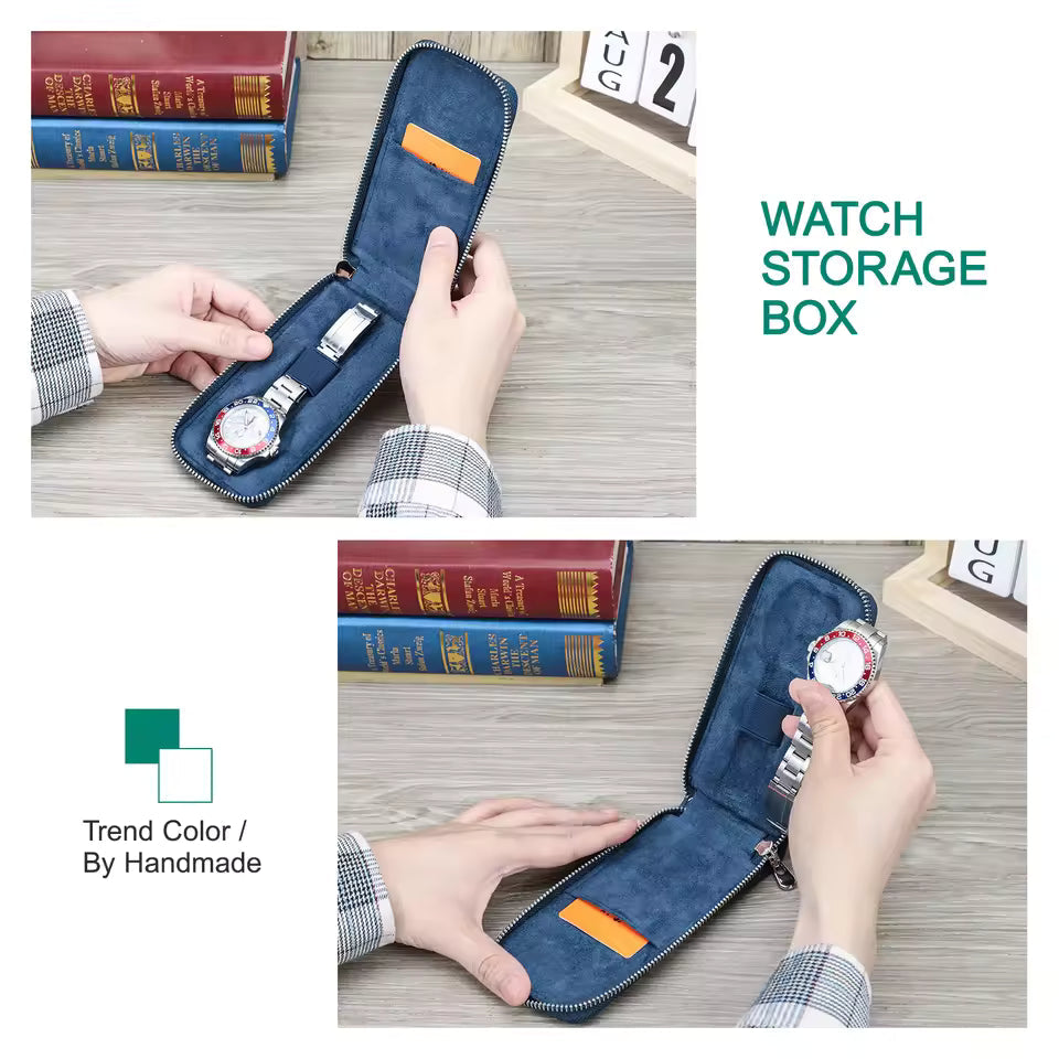 Genuine Saffiano Leather Single Slot Watch Case - Watch Storage Gift for Men & Women