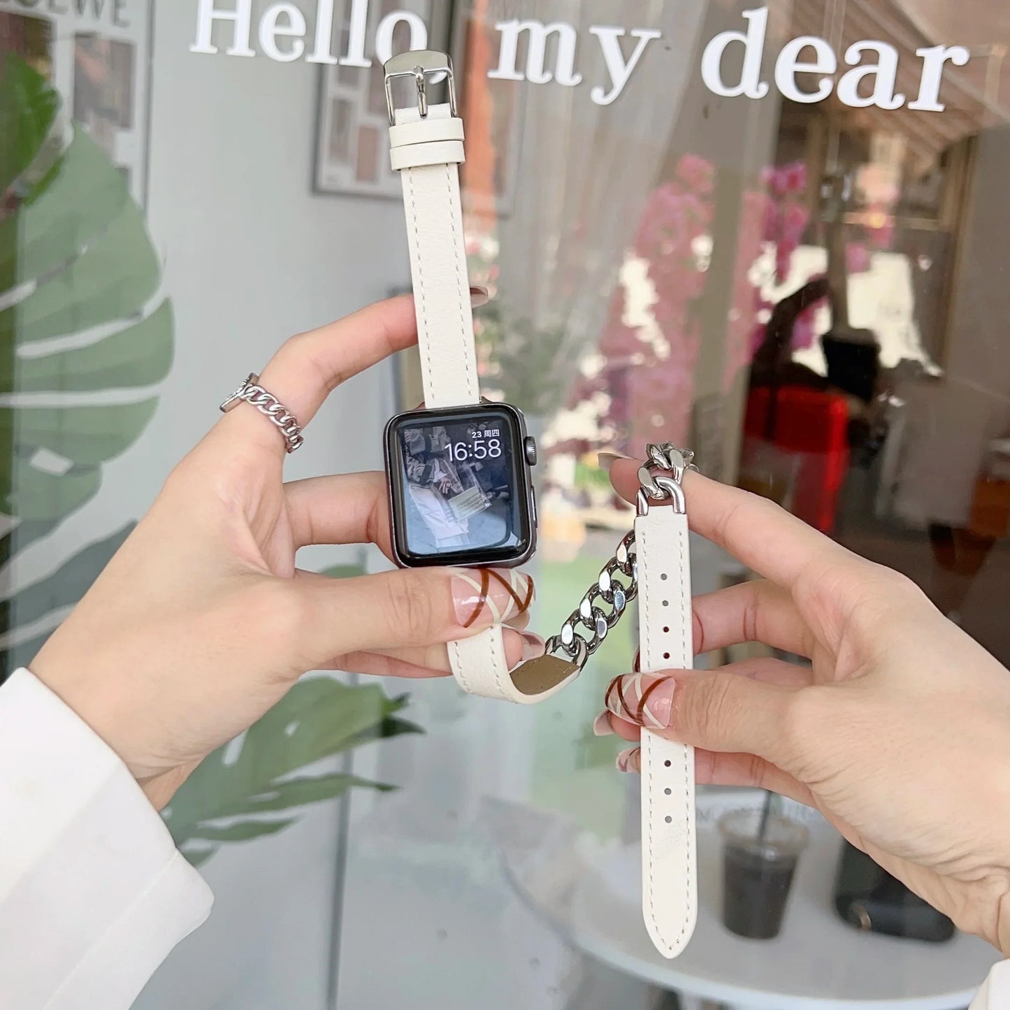 Gourmette Metal Double Tour Leather Bracelet for Apple Watch Band iWatch Series Ultra/9/8/7/6/5/4/SE