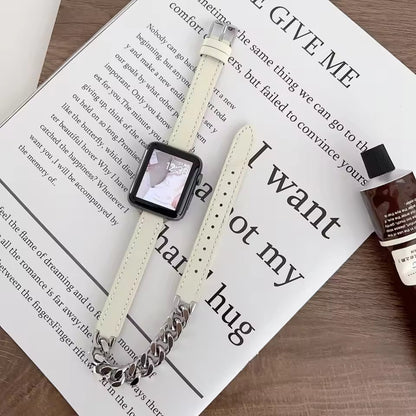 Gourmette Metal Double Tour Leather Bracelet for Apple Watch Band iWatch Series Ultra/9/8/7/6/5/4/SE