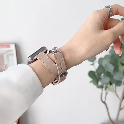 Gourmette Metal Double Tour Leather Bracelet for Apple Watch Band iWatch Series Ultra/9/8/7/6/5/4/SE