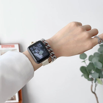 Gourmette Metal Double Tour Leather Bracelet for Apple Watch Band iWatch Series Ultra/9/8/7/6/5/4/SE