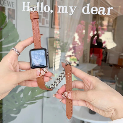 Gourmette Metal Double Tour Leather Bracelet for Apple Watch Band iWatch Series Ultra/9/8/7/6/5/4/SE