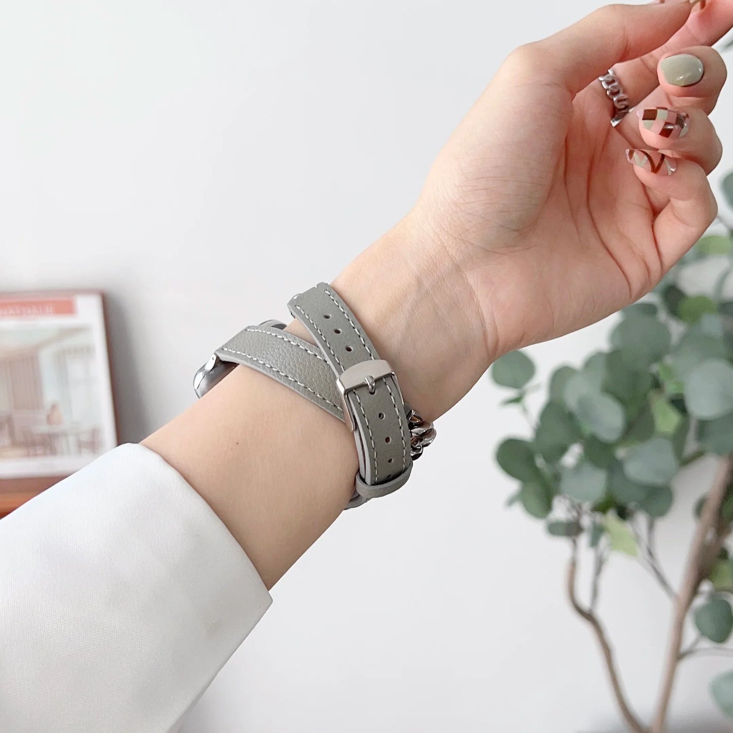 Gourmette Metal Double Tour Leather Bracelet for Apple Watch Band iWatch Series Ultra/9/8/7/6/5/4/SE