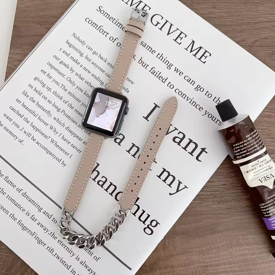 Gourmette Metal Double Tour Leather Bracelet for Apple Watch Band iWatch Series Ultra/9/8/7/6/5/4/SE