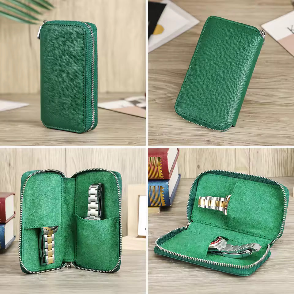 Genuine Saffiano Leather 2-Slot Watch Case - Luxury Travel Watch Organizer for Men & Women
