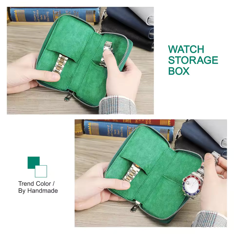 Genuine Saffiano Leather 2-Slot Watch Case - Luxury Travel Watch Organizer for Men & Women