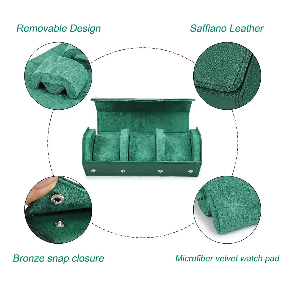Saffiano Genuine Leather 3-Slot Watch Roll Case - Portable Hexagon Watch Storage Box