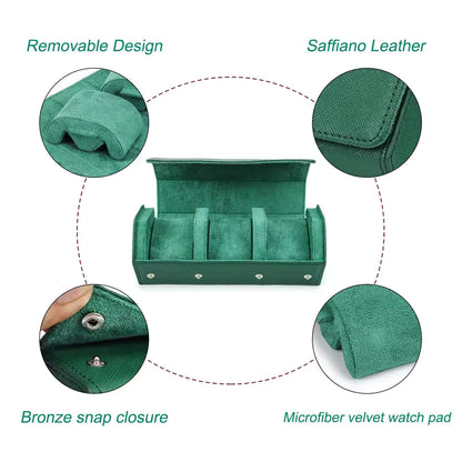 Saffiano Genuine Leather 3-Slot Watch Roll Case - Portable Hexagon Watch Storage Box