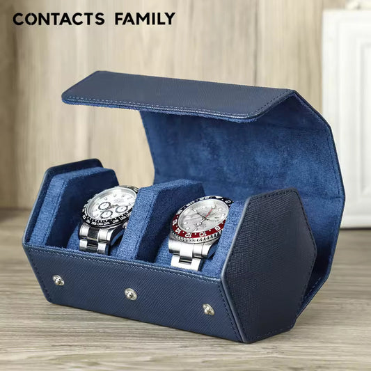 Saffiano Genuine Leather 2-Slot Watch Roll Case - Portable Hexagon Watch Storage Box