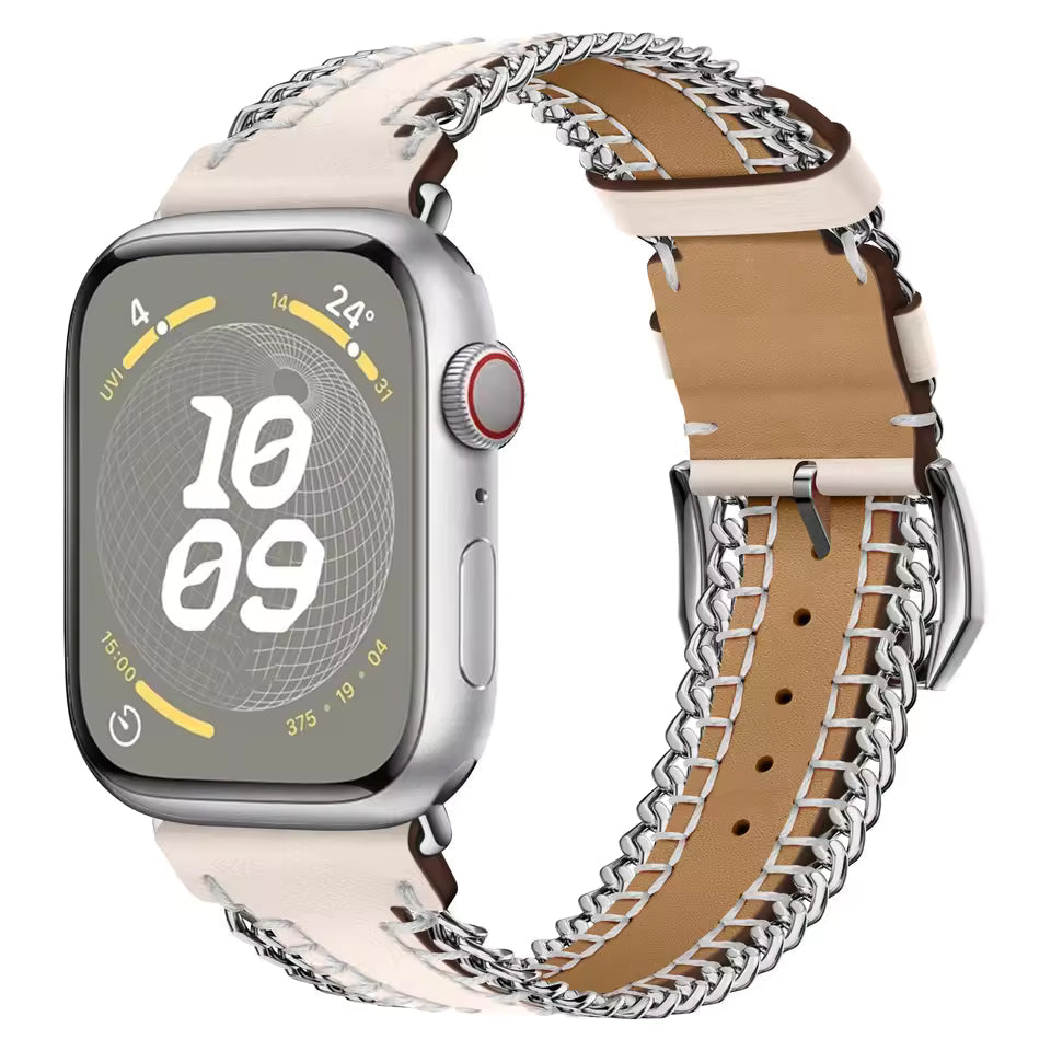 Hand Sewn Chain Leather Bracelet for Apple Watch Band iWatch Series Ultra3/2/11/10/9/8/7/6/5/SE