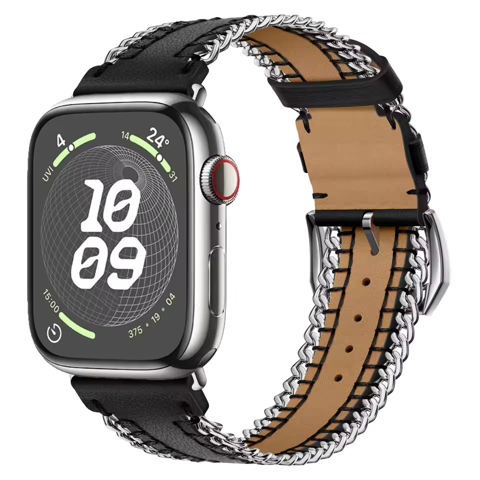 Hand Sewn Chain Leather Bracelet for Apple Watch Band iWatch Series Ultra3/2/11/10/9/8/7/6/5/SE