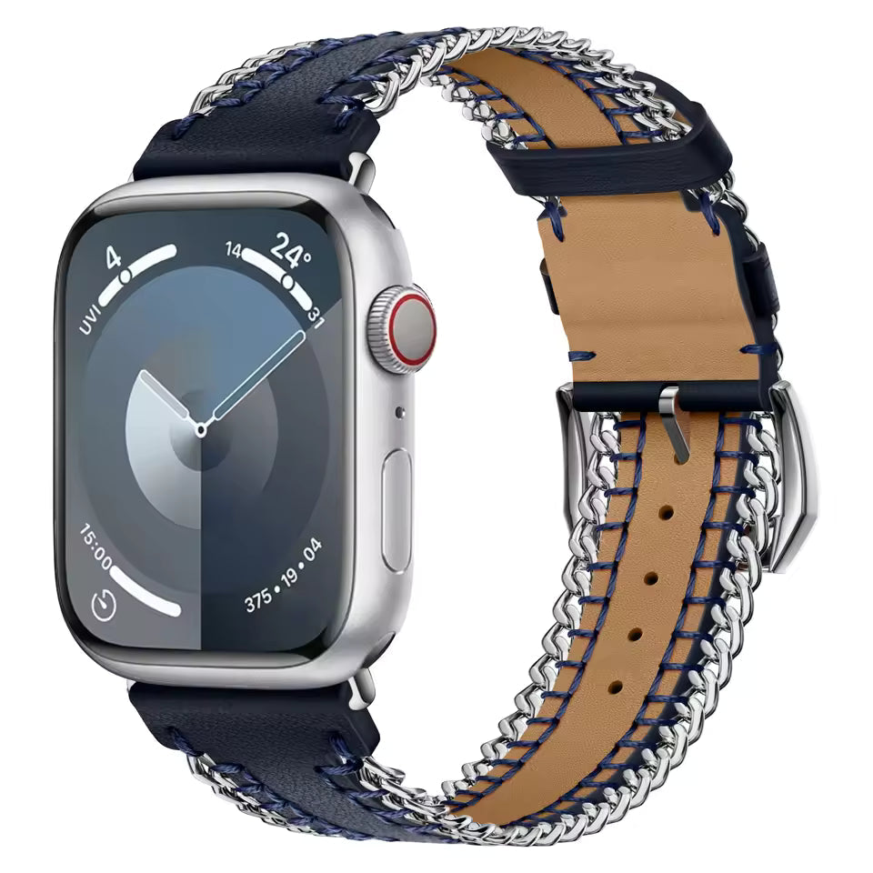 Hand Sewn Chain Leather Bracelet for Apple Watch Band iWatch Series Ultra3/2/11/10/9/8/7/6/5/SE
