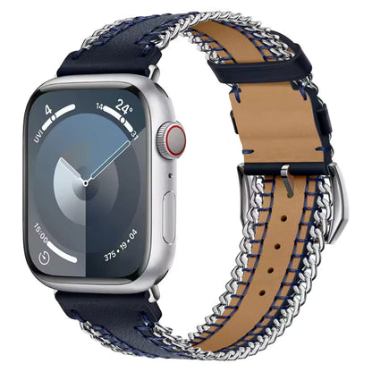 Hand Sewn Chain Leather Bracelet for Apple Watch Band iWatch Series Ultra3/2/11/10/9/8/7/6/5/SE