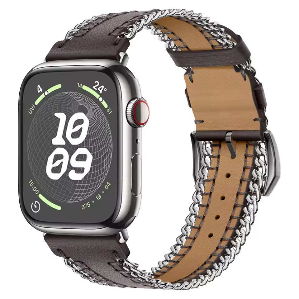 Hand Sewn Chain Leather Bracelet for Apple Watch Band iWatch Series Ultra3/2/11/10/9/8/7/6/5/SE