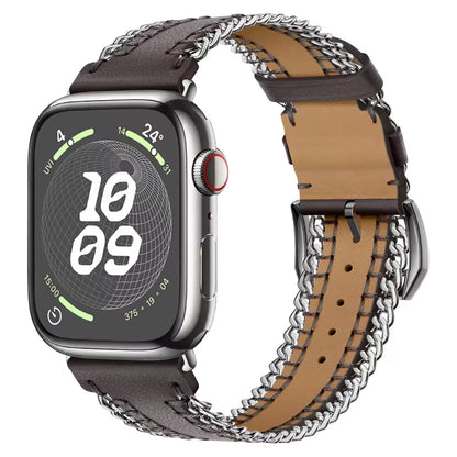 Hand Sewn Chain Leather Bracelet for Apple Watch Band iWatch Series Ultra3/2/11/10/9/8/7/6/5/SE