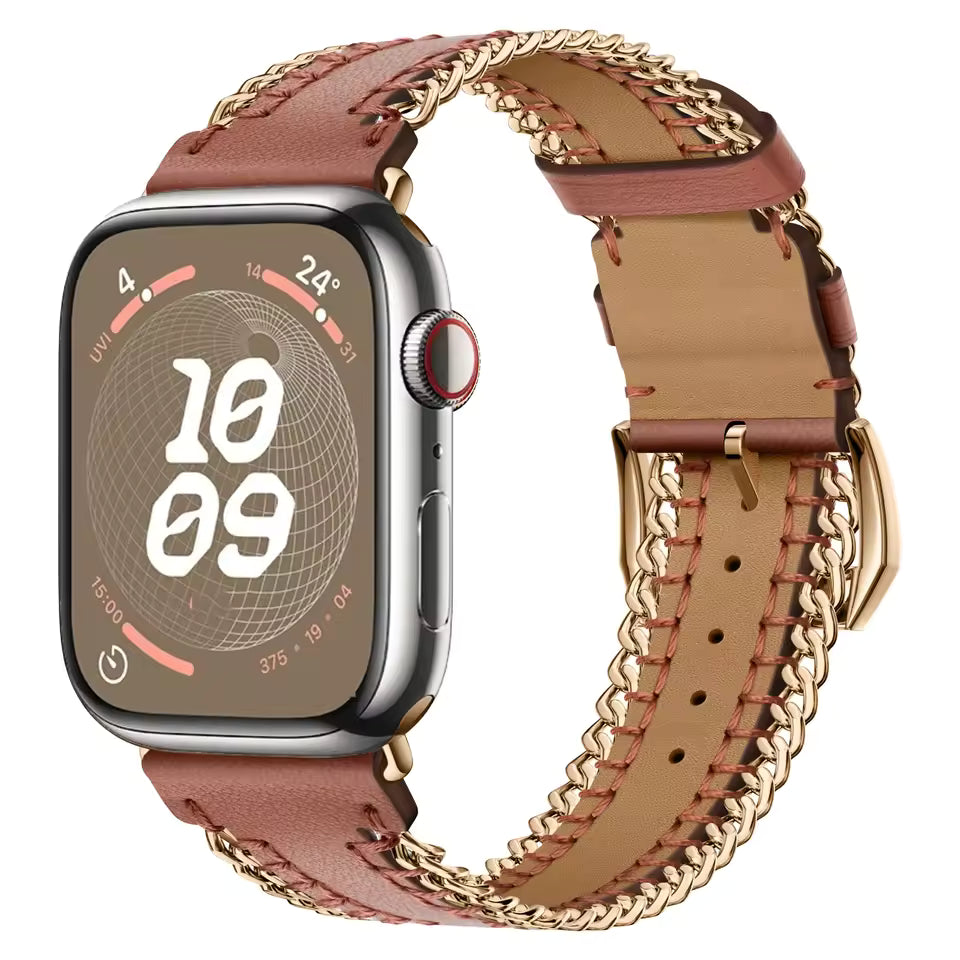 Hand Sewn Chain Leather Bracelet for Apple Watch Band iWatch Series Ultra3/2/11/10/9/8/7/6/5/SE