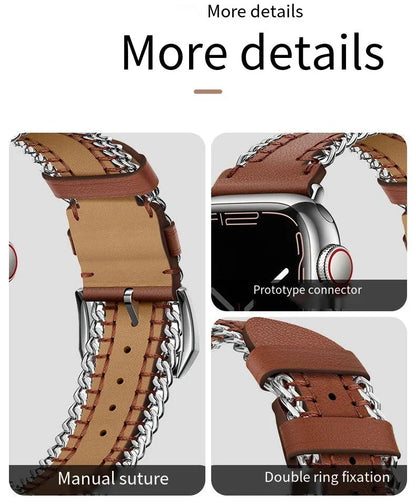 Hand Sewn Chain Leather Bracelet for Apple Watch Band iWatch Series Ultra3/2/11/10/9/8/7/6/5/SE
