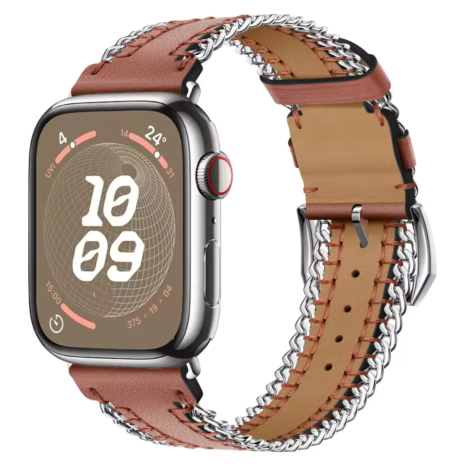 Hand Sewn Chain Leather Bracelet for Apple Watch Band iWatch Series Ultra3/2/11/10/9/8/7/6/5/SE