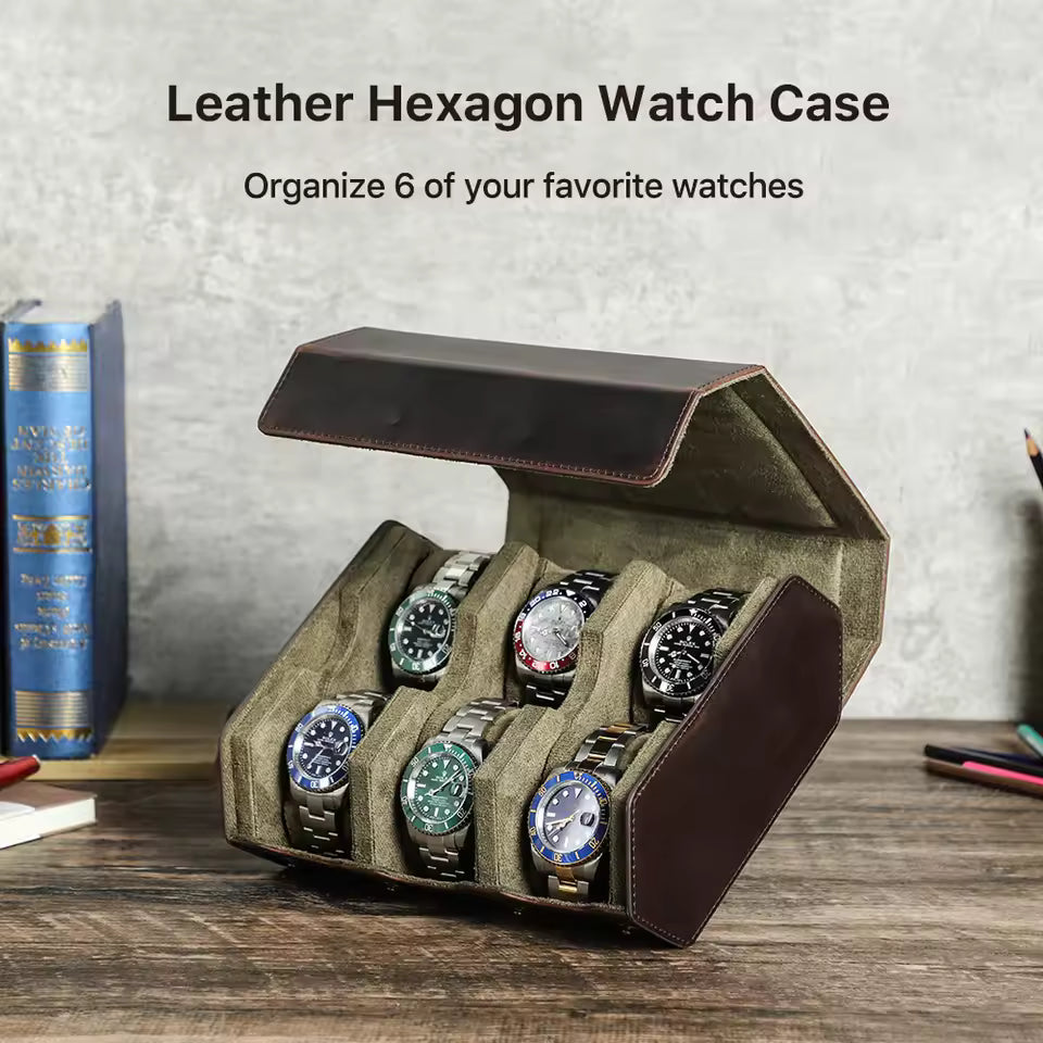 Luxury Cowhide Leather 6/8 Slots Watch Roll Box - Vintage Hexagon Watch Box