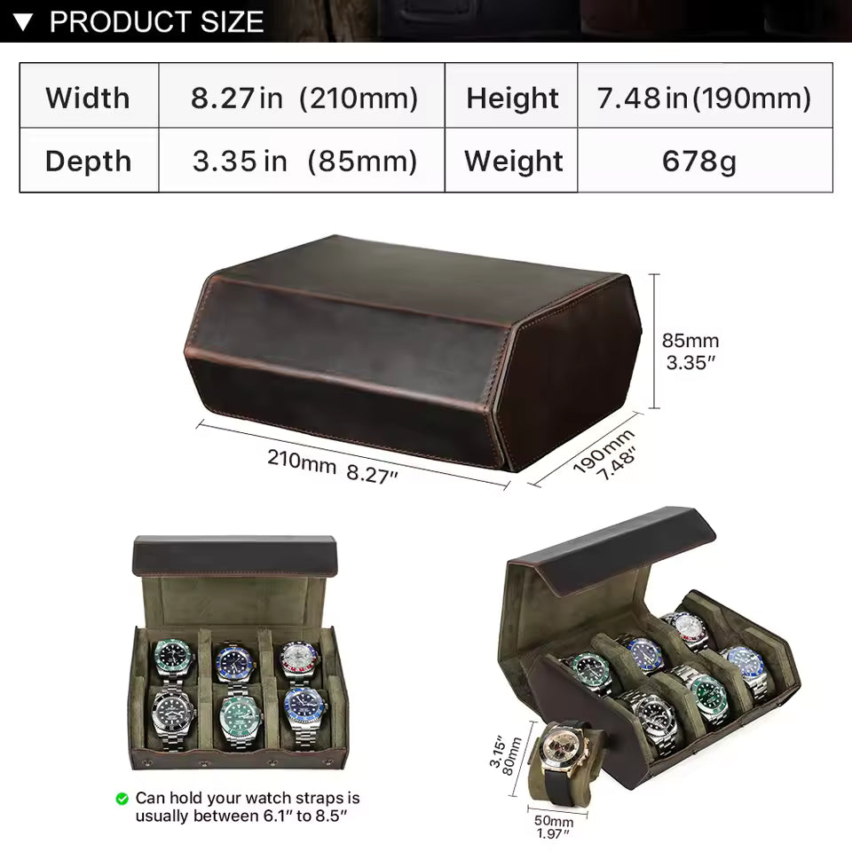 Luxury Cowhide Leather 6/8 Slots Watch Roll Box - Vintage Hexagon Watch Box