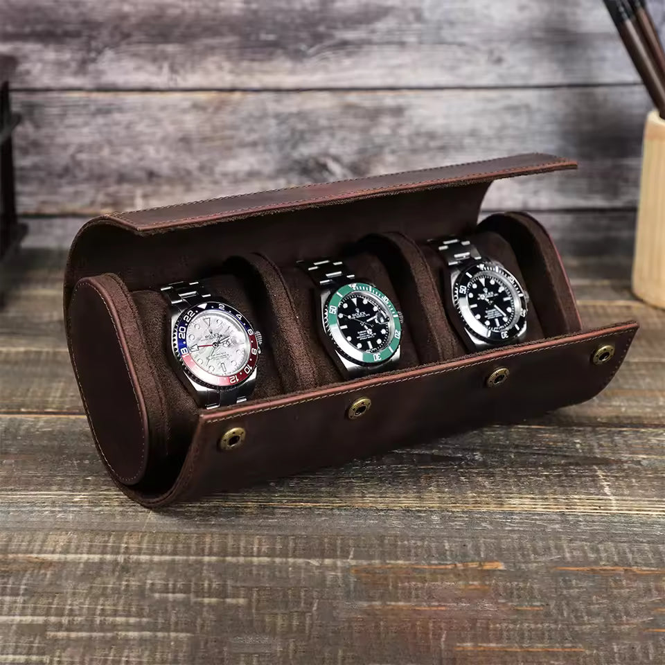 Men's Crazy Horse Leather 1/2/3/4/6/8 Slots Watch Roll Case - Portable Watch Organizer