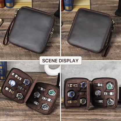 Men's Genuine Leather 2/4/6/8 Slots Watch Case - Travel Portable Watch Box Organizer