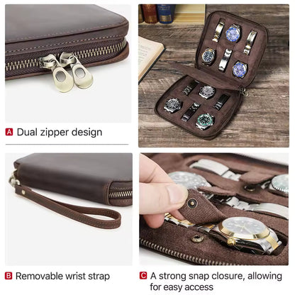 Men's Genuine Leather 2/4/6/8 Slots Watch Case - Travel Portable Watch Box Organizer