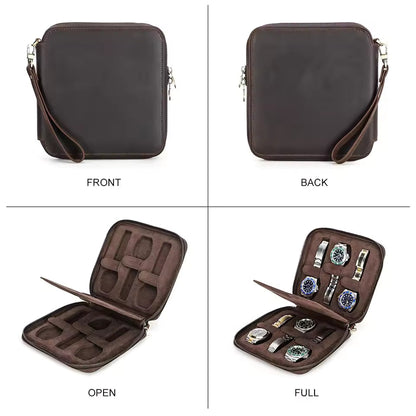 Men's Genuine Leather 2/4/6/8 Slots Watch Case - Travel Portable Watch Box Organizer