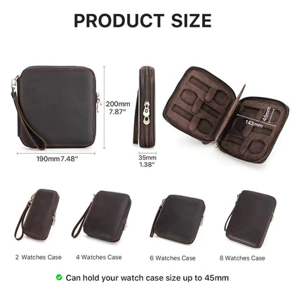 Men's Genuine Leather 2/4/6/8 Slots Watch Case - Travel Portable Watch Box Organizer