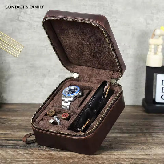 Multi-Compartment Leather Watch Box with Jewelry & Sunglasses Storage Organizer
