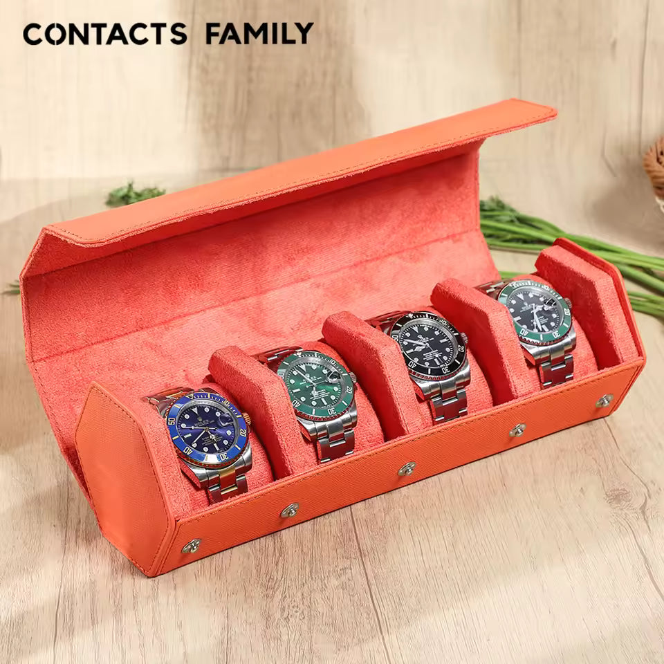 4-Slot Genuine Saffiano Leather Watch Roll Case - Portable Hexagon Watch Box Organizer