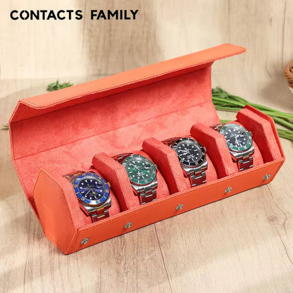 4-Slot Genuine Saffiano Leather Watch Roll Case - Portable Hexagon Watch Box Organizer
