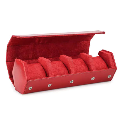 4-Slot Genuine Saffiano Leather Watch Roll Case - Portable Hexagon Watch Box Organizer