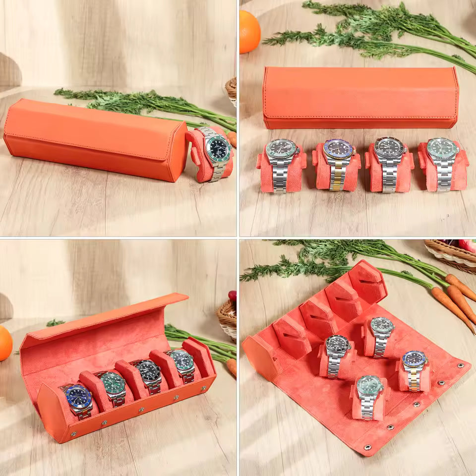 4-Slot Genuine Saffiano Leather Watch Roll Case - Portable Hexagon Watch Box Organizer