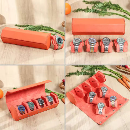 4-Slot Genuine Saffiano Leather Watch Roll Case - Portable Hexagon Watch Box Organizer