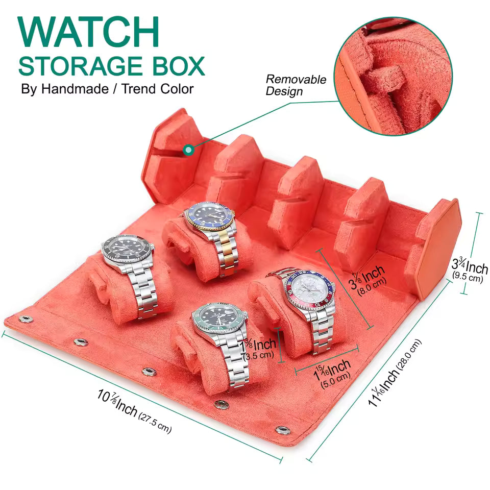 4-Slot Genuine Saffiano Leather Watch Roll Case - Portable Hexagon Watch Box Organizer