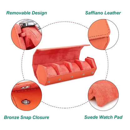 4-Slot Genuine Saffiano Leather Watch Roll Case - Portable Hexagon Watch Box Organizer