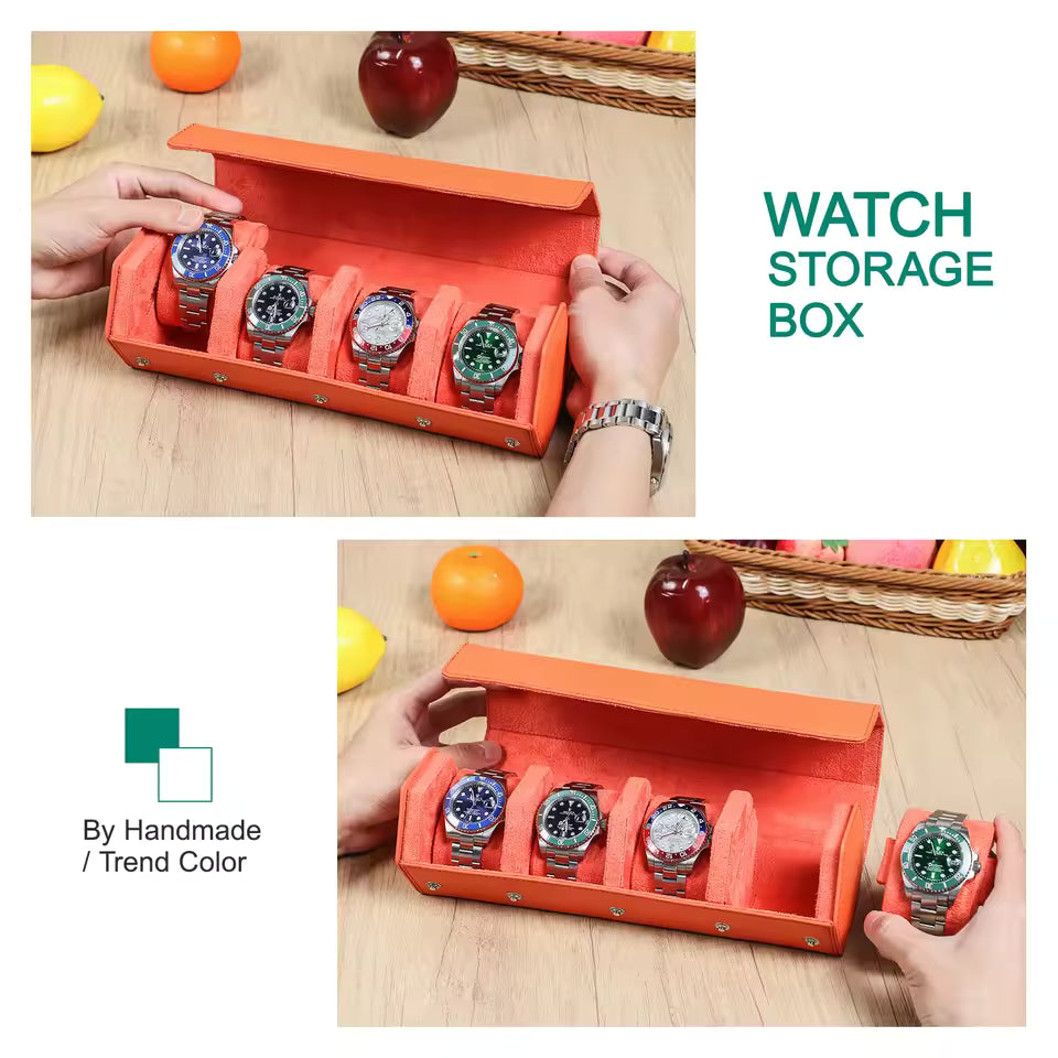 4-Slot Genuine Saffiano Leather Watch Roll Case - Portable Hexagon Watch Box Organizer