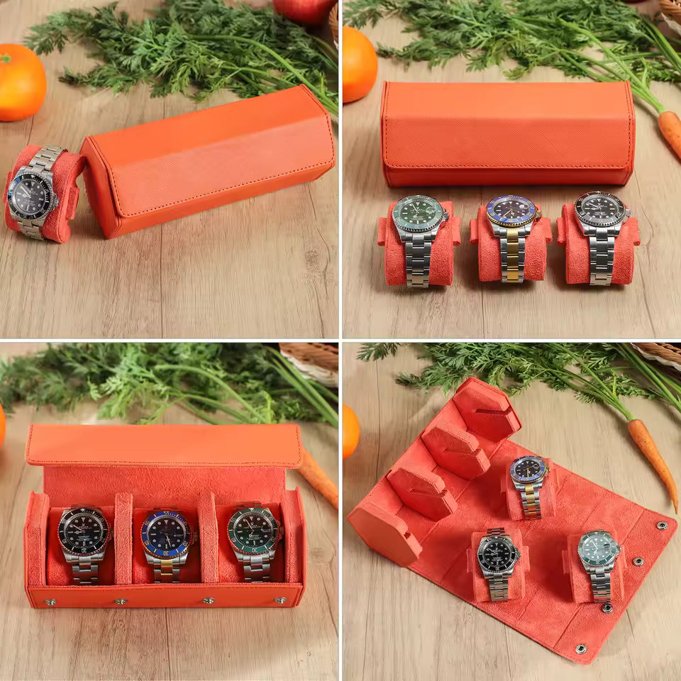 Saffiano Genuine Leather 3-Slot Watch Roll Case - Portable Hexagon Watch Storage Box