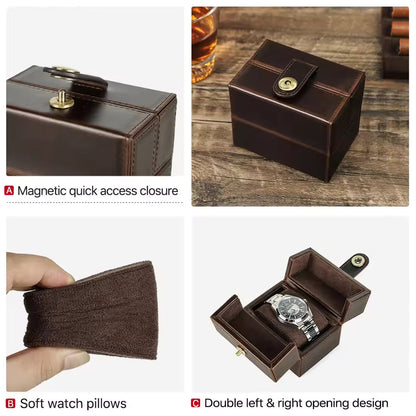 Portable Cowhide Leather Single Watch Box - Luxury Watch Case