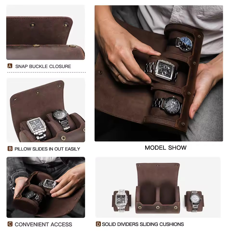 Portable Genuine Leather 2-Slot Watch Roll Case - Travel Watch Storage Organizer