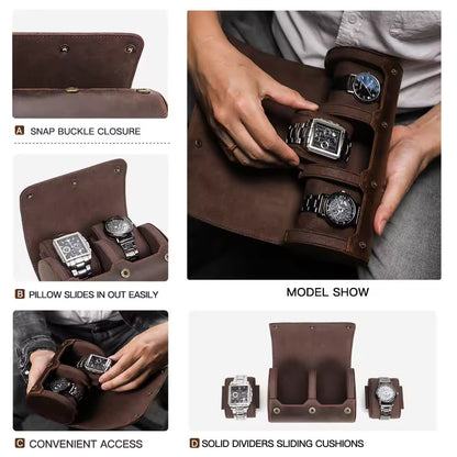 Portable Genuine Leather 2-Slot Watch Roll Case - Travel Watch Storage Organizer