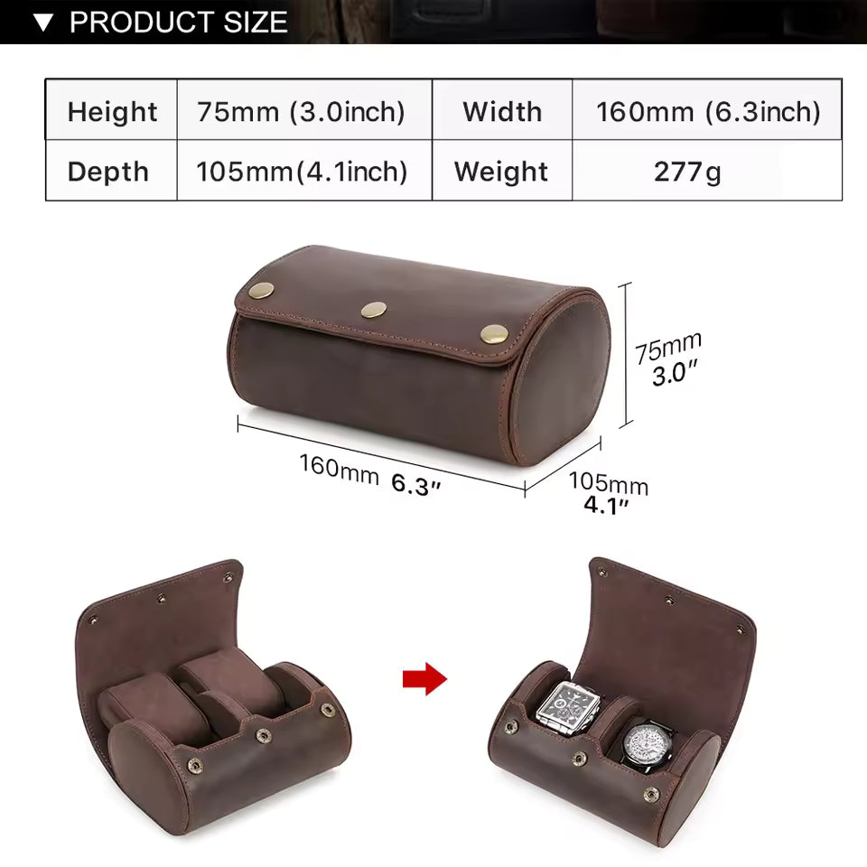 Portable Genuine Leather 2-Slot Watch Roll Case - Travel Watch Storage Organizer
