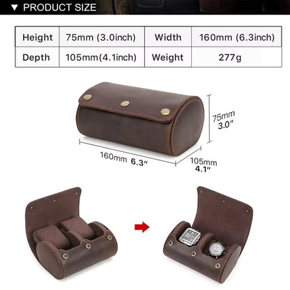 Portable Genuine Leather 2-Slot Watch Roll Case - Travel Watch Storage Organizer
