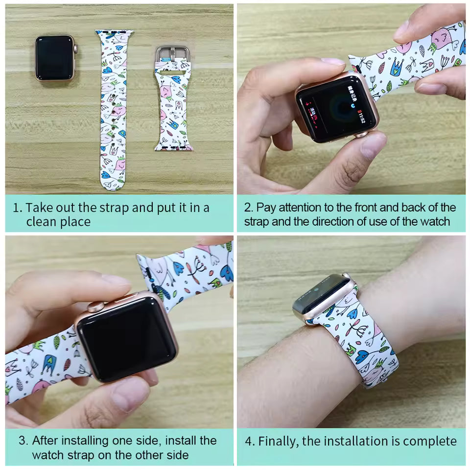 Printed Silicone Strap+Case for Apple Watch Band iWatch Series 9/8/7/6/5/4/3/SE