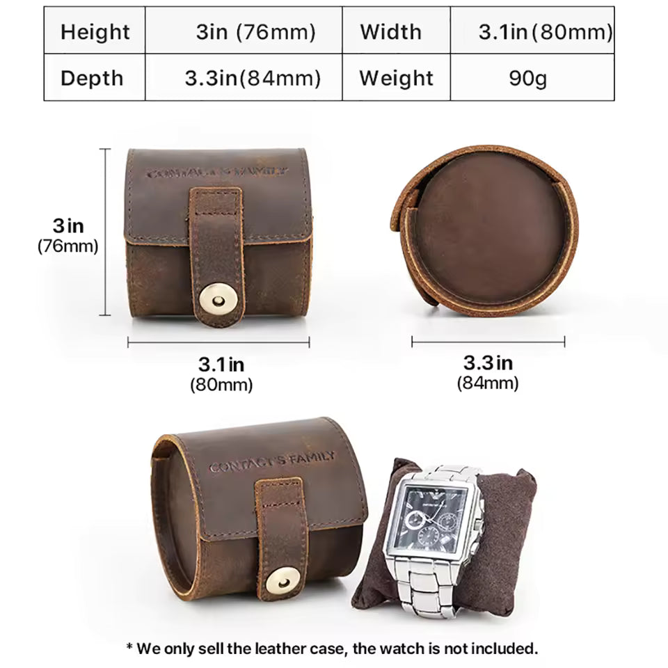 Retro Cowhide Leather Single Slot Watch Roll Case with Buckle - Watch Case Gift for Men & Women