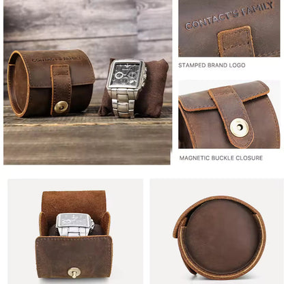 Retro Cowhide Leather Single Slot Watch Roll Case with Buckle - Watch Case Gift for Men & Women