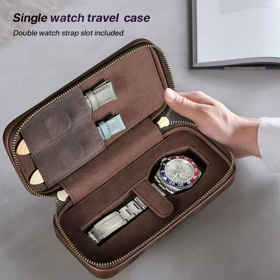 Crazy Horse Cowhide Leather Single Watch Case with Strap Slots