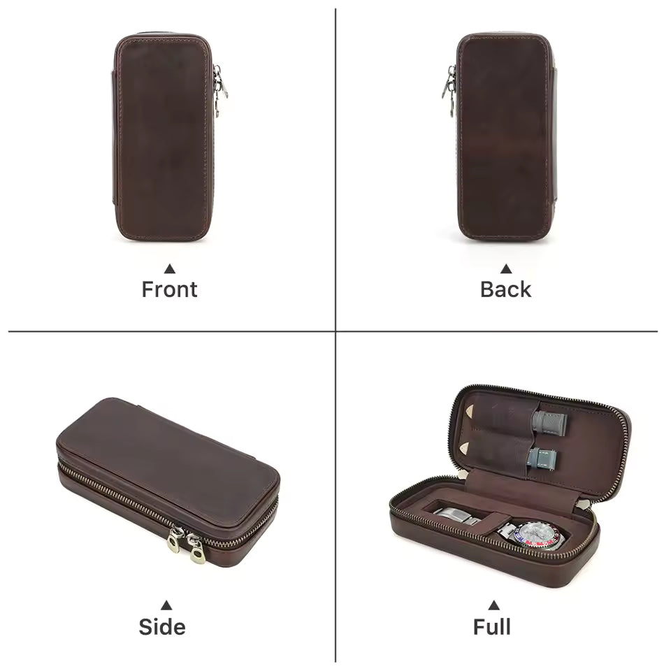 Crazy Horse Cowhide Leather Single Watch Case with Strap Slots